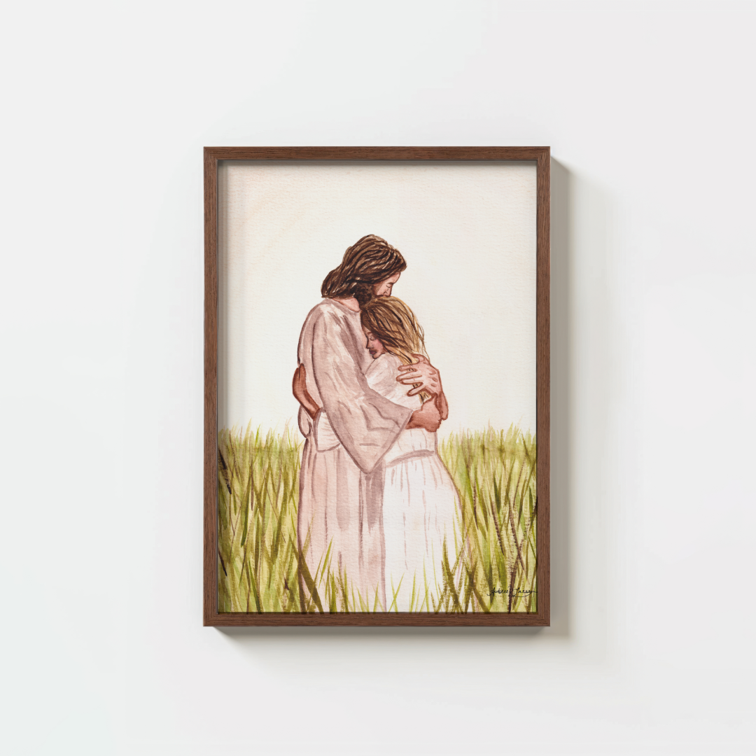 I Come to Thee - Religious Christ Hugging Woman Watercolor Print